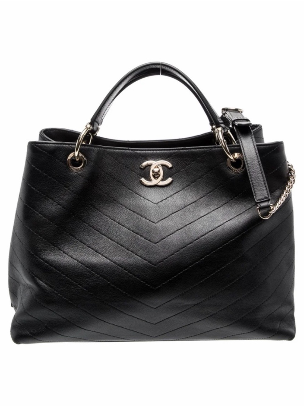 CHANEL Black Chevron Quilted Leather Shoulder Tote with CC Logo
